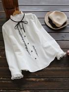Shein Frill Detail Tie Neck Vine Embroidered Blouse