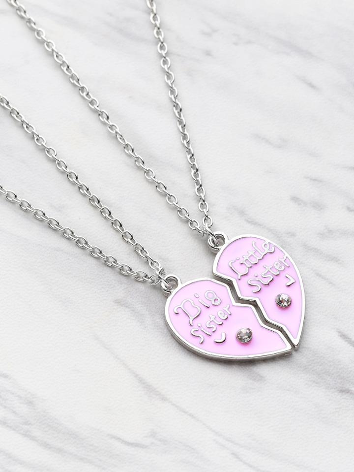 Shein Rhinestone Embellished Heart Shaped Friendship Necklace 2pcs