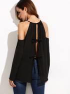 Shein Black V Notch Tied Split Back Cold Shoulder Top
