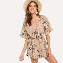 Shein Surplice Neck Overlap Ruffle Hem Floral Romper