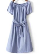 Shein Blue Bow Tie Boat Neck Stripe Slim Dress