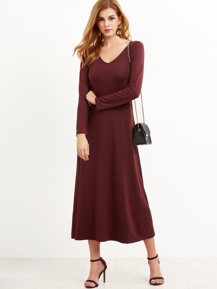Shein Burgundy V Neck Swing Dress