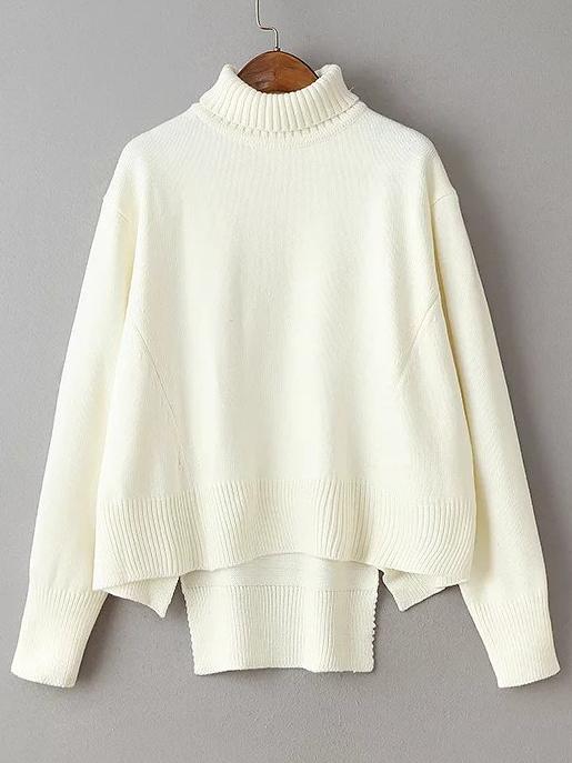 Shein Beige Turtleneck Dolman Sleeve Asymmetrical Sweater