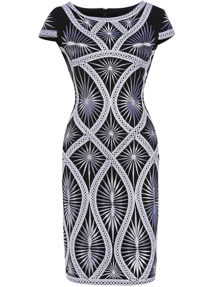 Shein Navy Crew Neck Disc Flowers Embroidered Sheath Dress