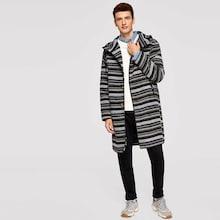 Shein Men Geo Striped Button Up Hooded Coat