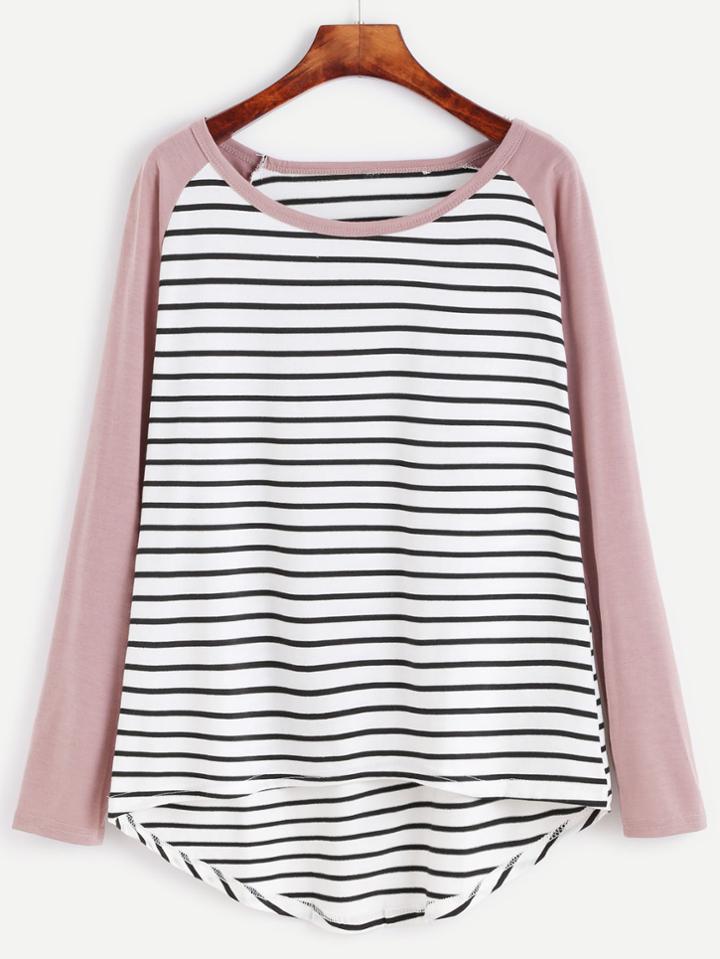Shein Contrast Sleeve Striped High Low T-shirt