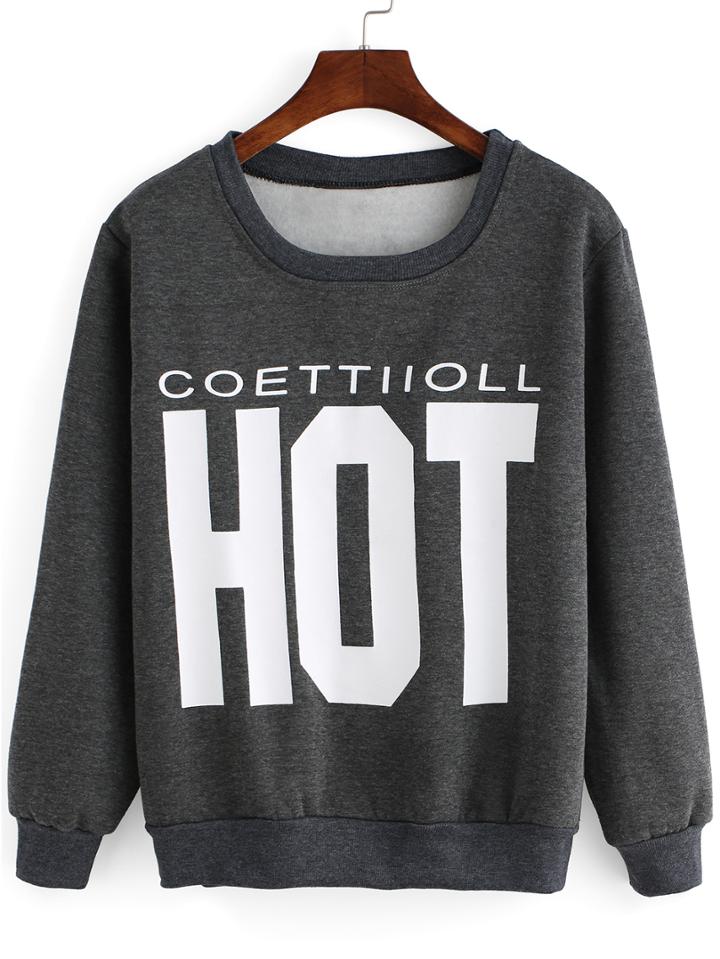 Shein Grey Round Neck Letters Print Sweatshirt