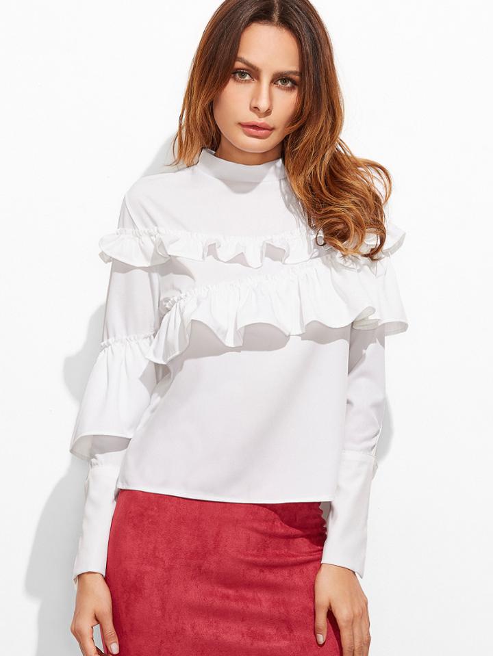 Shein White Mock Neck Ruffle Trim Blouse