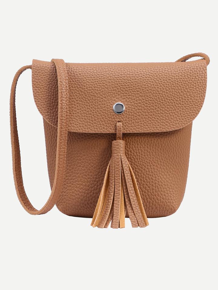 Shein Brown Tassel Trim Flap Bucket Bag