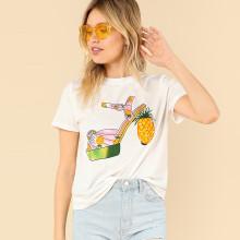 Shein Pearl Beading Graphic Print Tee