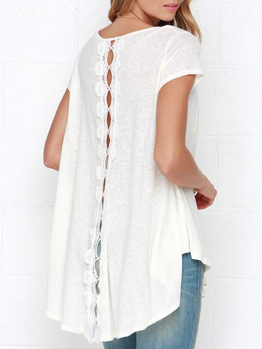 Shein White Short Sleeve With Lace High Low T-shirt