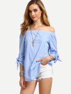 Shein Blue Striped Off The Shoulder Tie Cuff Blouse