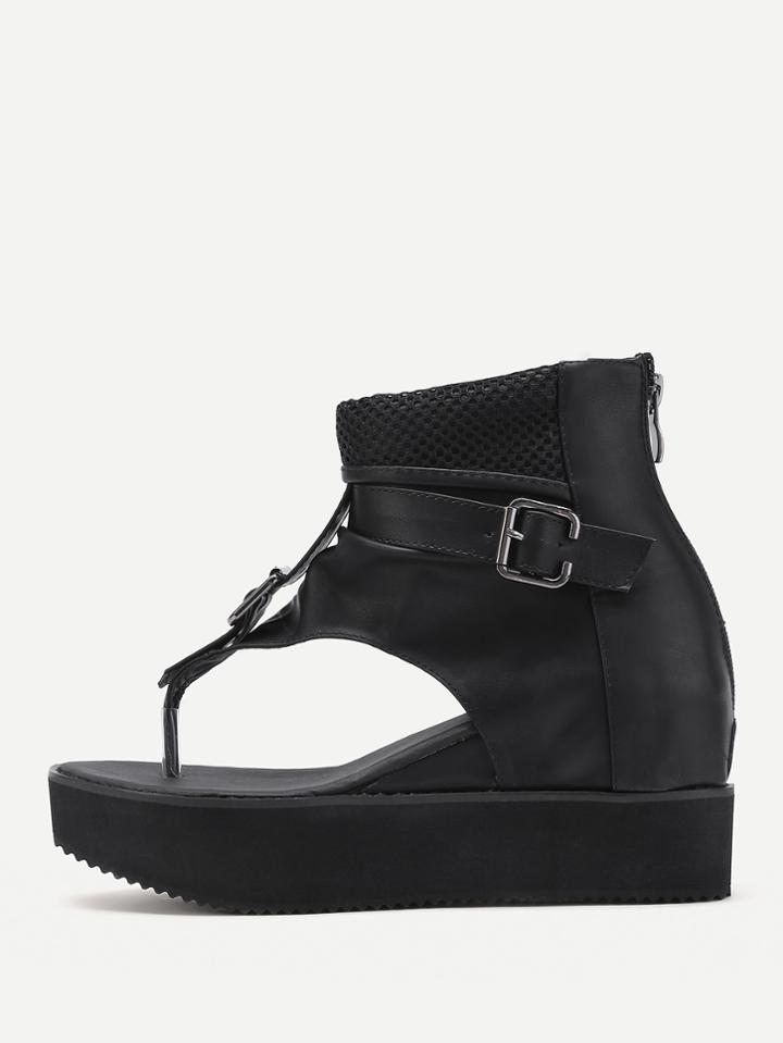 Shein Mesh Detail Toe Post Wedge Sandals