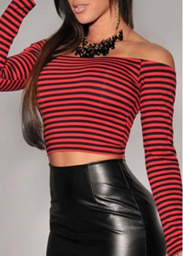 Rosewe Boat Neck Long Sleeve Red Striped Crop Top