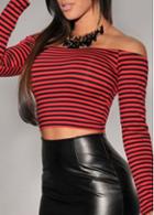 Rosewe Boat Neck Long Sleeve Red Striped Crop Top