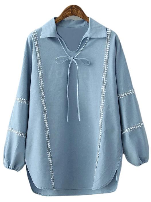 Shein Blue Lantern Sleeve Sutures Tie Neck Bow Blouse