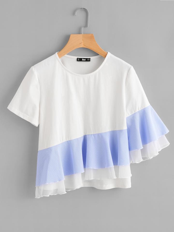 Shein Striped Flounce Detail Asymmetric Sleeve Tee