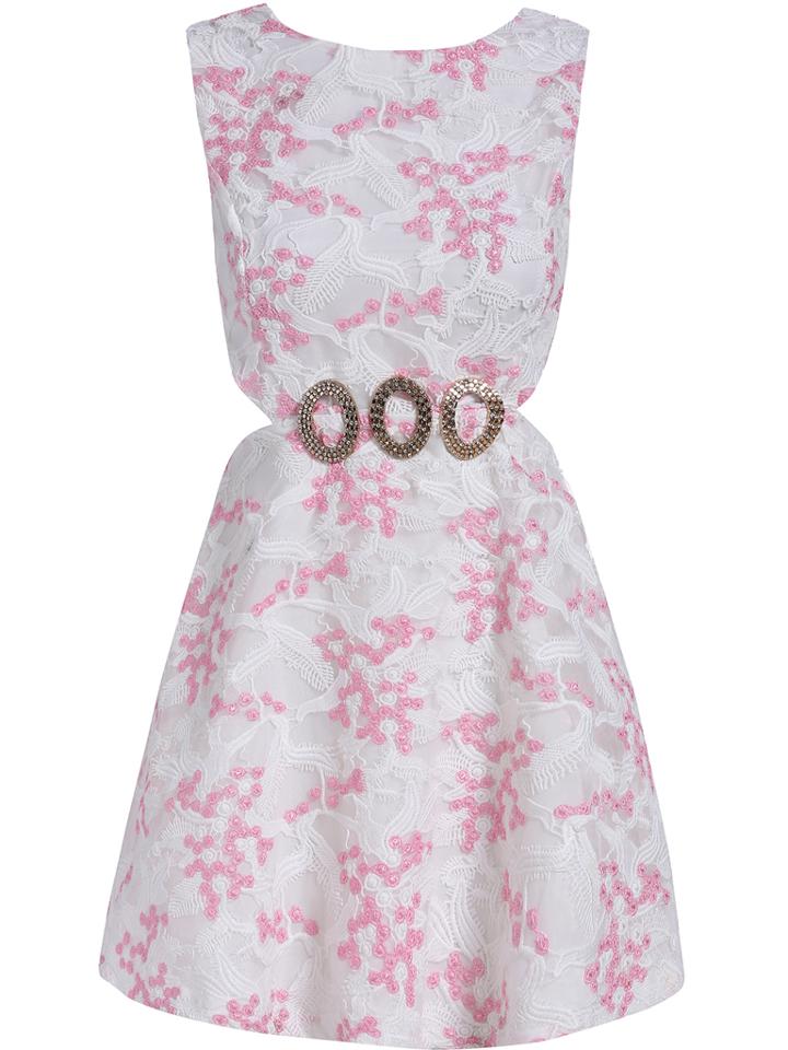 Shein Pink Sleeveless Dolly Metal Embellished Embroidered Lace Dress