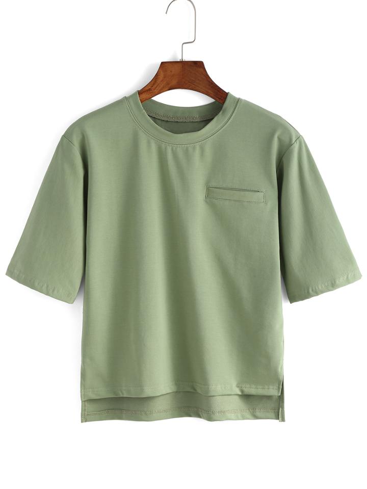 Shein Army Green Dip Hem Split Flase Pocket T-shirt