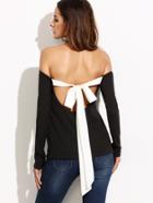 Shein Contrast Bow Tie Back Open Shoulder Ribbed T-shirt