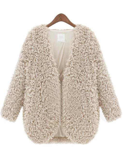 Shein Beige V Neck Long Sleeve Faux Fur Coat