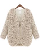 Shein Beige V Neck Long Sleeve Faux Fur Coat
