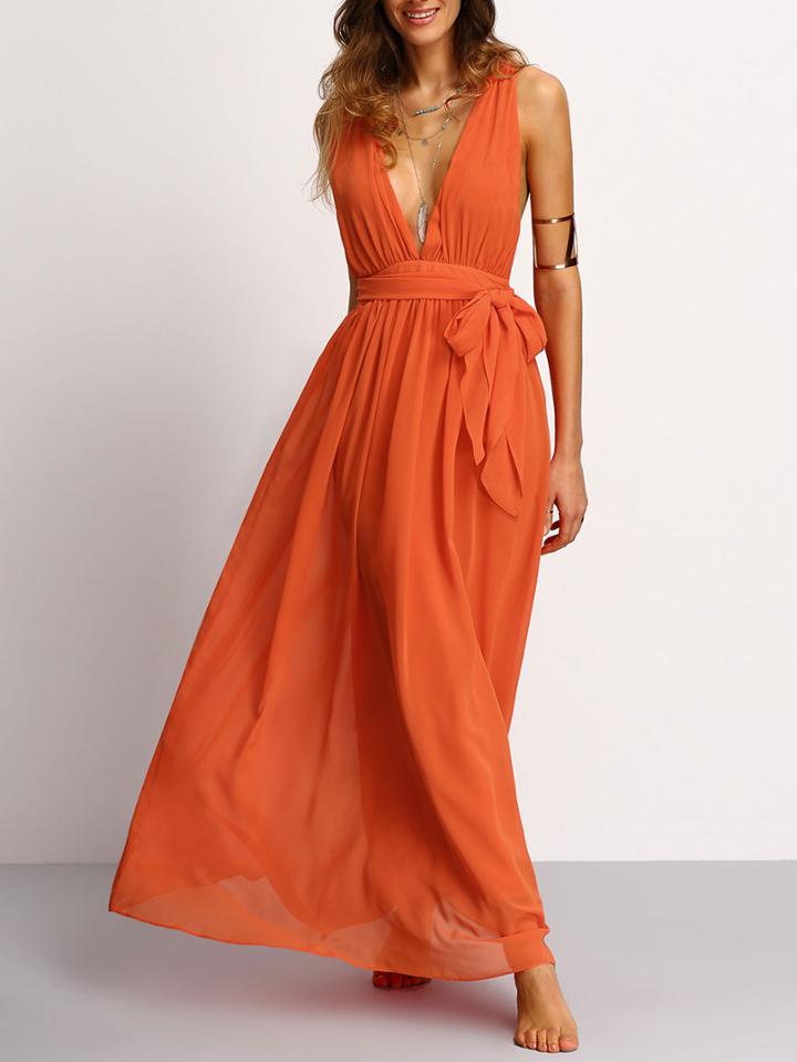 Shein Plunging V-neckline Tie Waist Maxi Dress