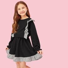 Shein Girls Gingham Ruffle Detail Pullover & Skirt Set