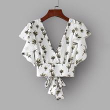 Shein Foliage Print Tie Back Crop Blouse