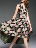 Shein Black V Neck Flowers Print High Low Dress