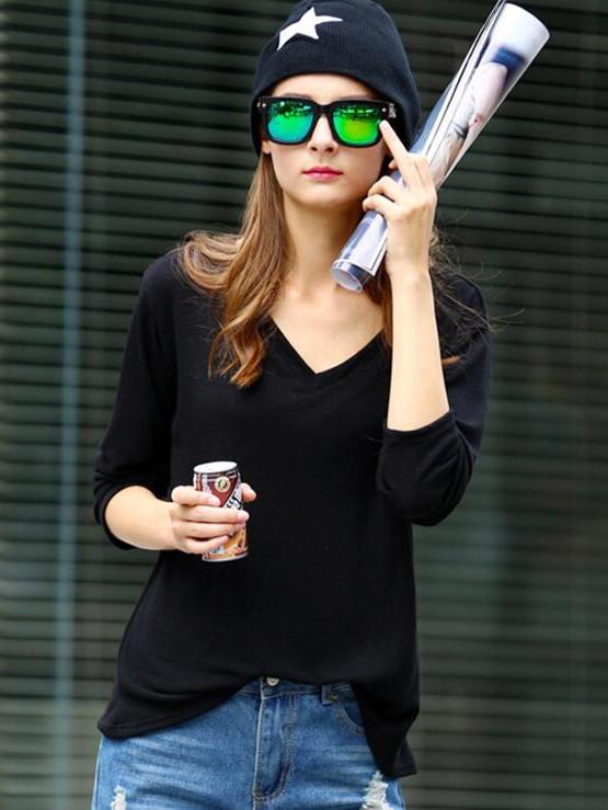 Shein Black V Neck Vintage Loose T-shirt