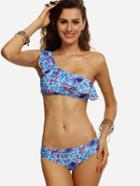 Shein Blue Printed Flounce One-shoulder Bikini Set