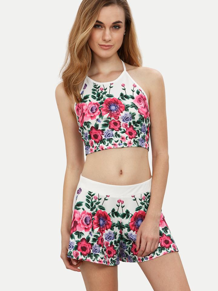 Shein Multicolor Floral Halter Crop Top With Shorts