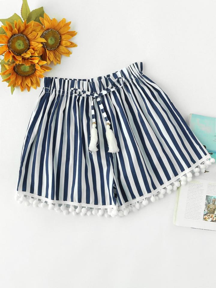 Shein Striped Drawstring Waist Pompom Hem Shorts