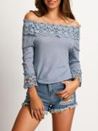 Shein Blue Boat Neck Lace Crop Slim Blouse