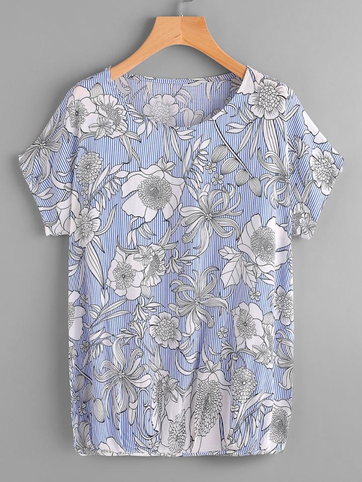 Shein Vertical Striped Floral Print Tee