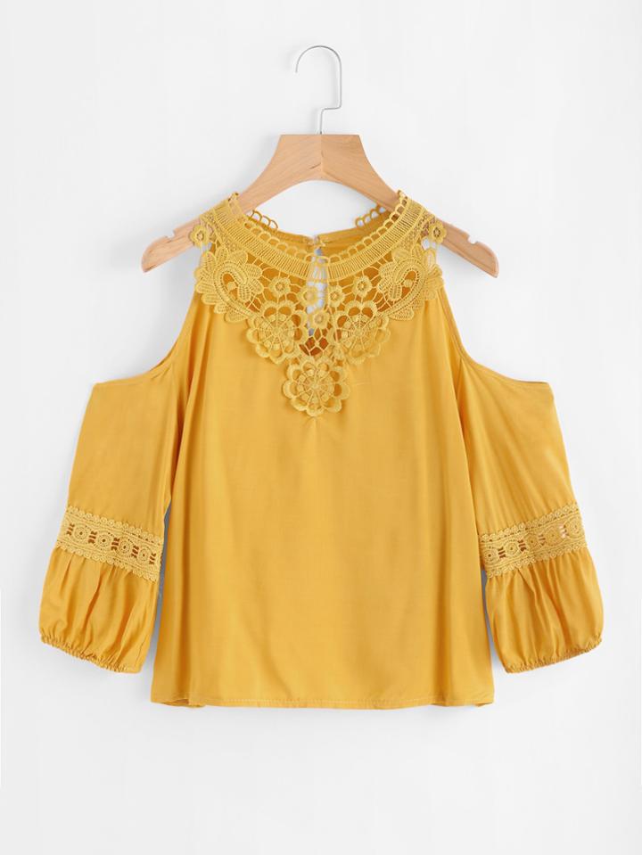 Shein Hollow Out Crochet Insert Open Shoulder Top