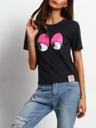 Shein Black Short Sleeve Cartoon Eye Print T-shirt