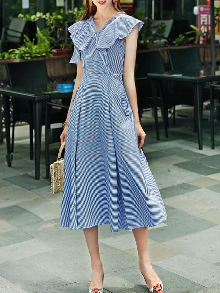 Shein V Neck Backless Ruffle Striped Dress