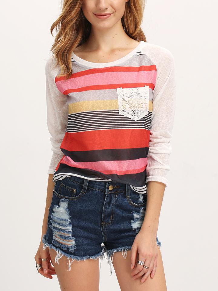Shein Multicolor Round Neck Striped Pocket T-shirt