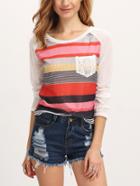 Shein Multicolor Round Neck Striped Pocket T-shirt
