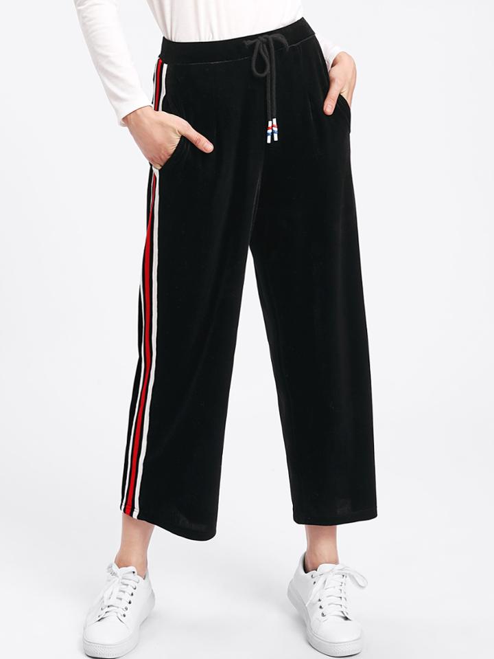 Shein Striped Tape Side Velvet Culotte Pants