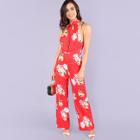 Shein Split Front Halter Neck Floral Jumpsuit