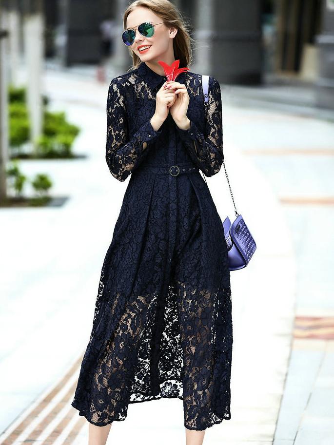 Shein Navy Lapel Long Sleeve Drawstring Lace Dress