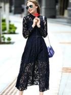 Shein Navy Lapel Long Sleeve Drawstring Lace Dress