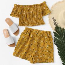 Shein Off Shoulder Pleated Floral Top With Shorts