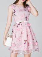 Shein Pink Butterfly Print Applique Belted A-line Dress