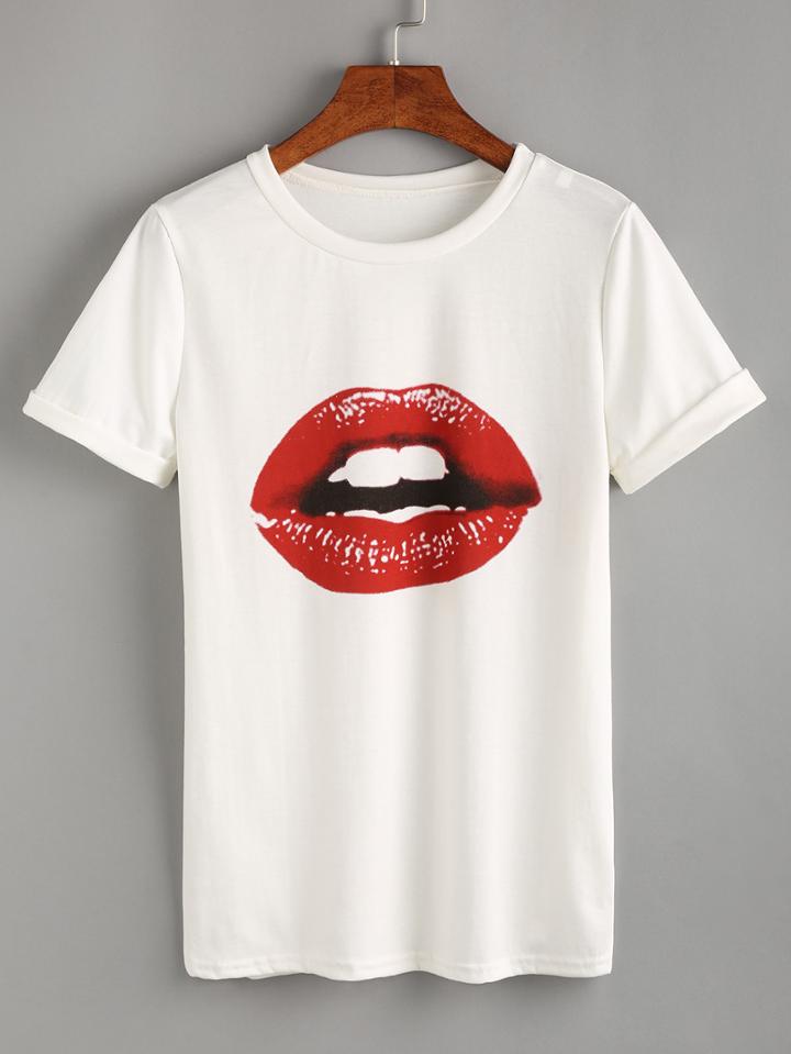 Shein White Lipstick Print T-shirt