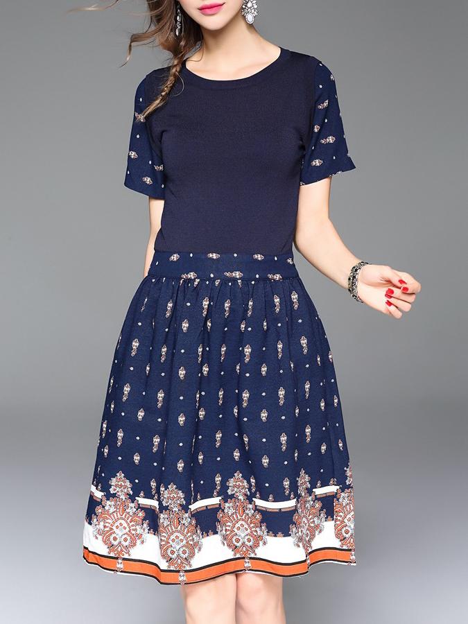 Shein Navy Knit Tribal Print Combo Dress