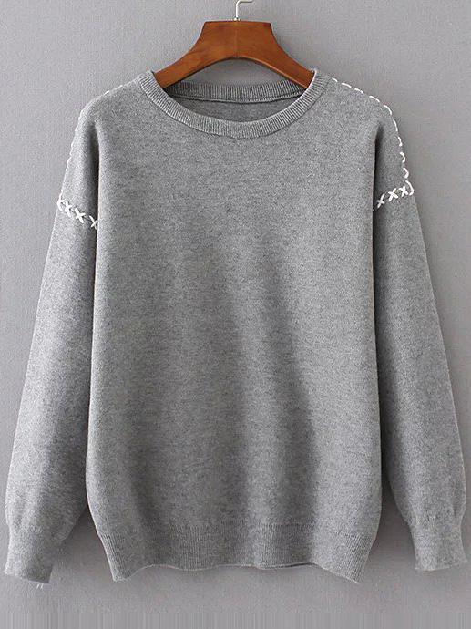 Shein Grey Lace Up Detail Round Neck Sweater